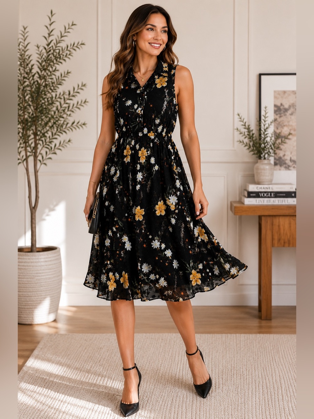 Black Floral Midi Dress Junior XL Sleeveless A-Line
